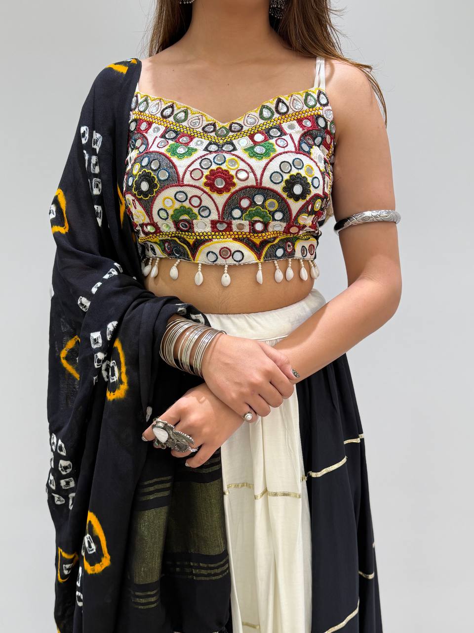 Black & White Reyon Mirror Work Navratri Lehenga Choli with Bandhani Dupatta