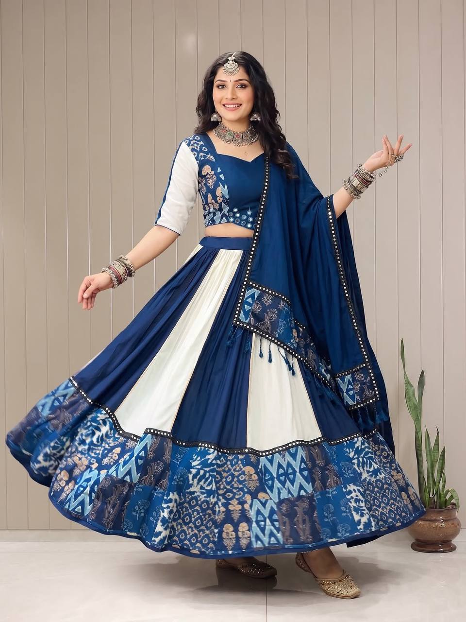 Royal Blue Printed Maslin Mirror Work Navratri Lehenga Choli with Dupatta