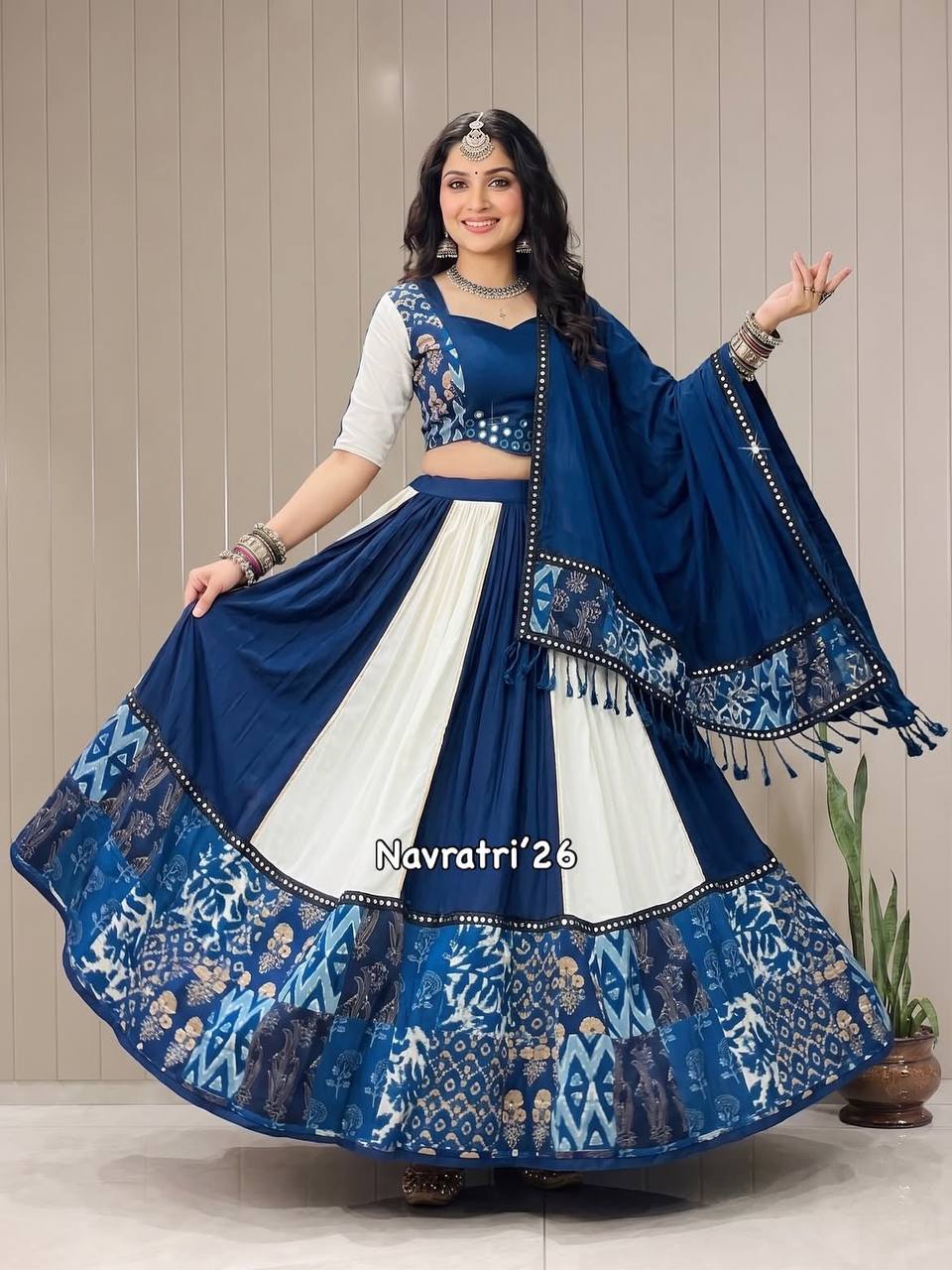 Royal Blue Printed Maslin Mirror Work Navratri Lehenga Choli with Dupatta