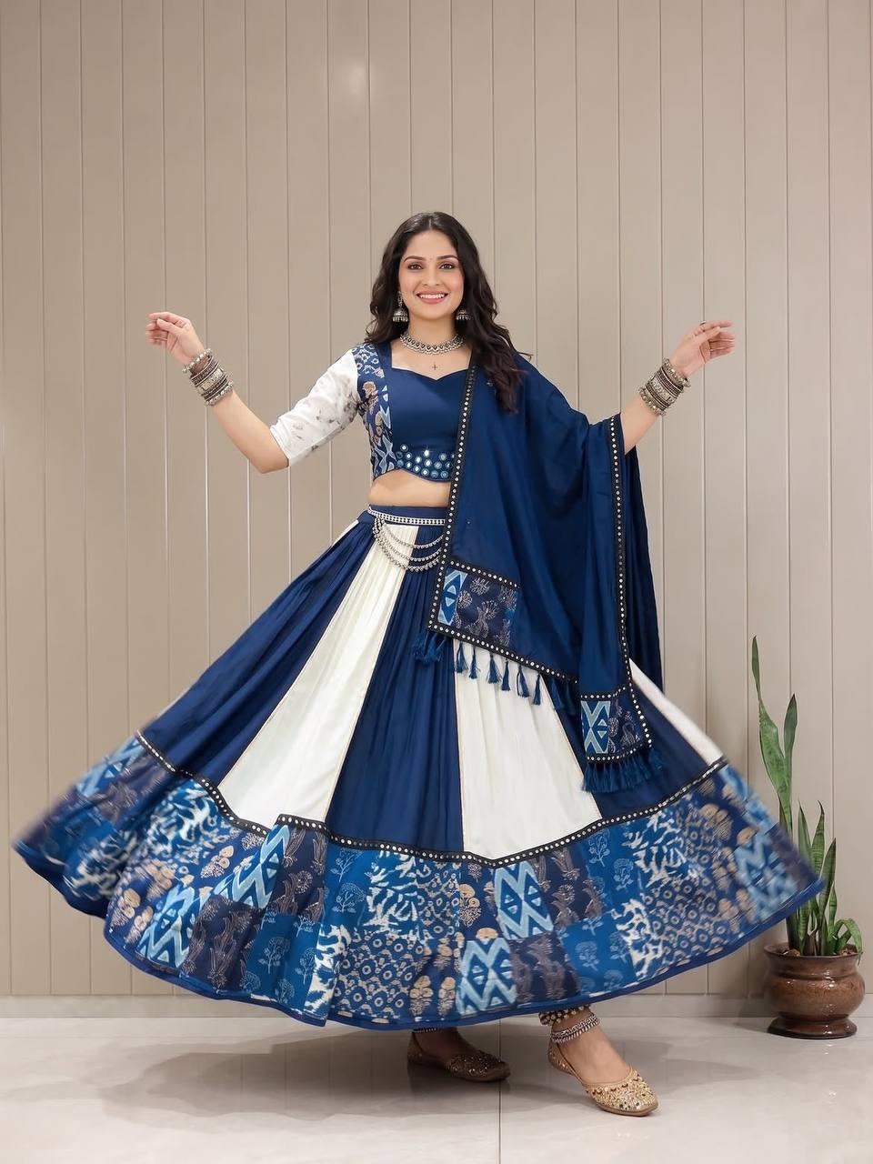 Royal Blue Printed Maslin Mirror Work Navratri Lehenga Choli with Dupatta