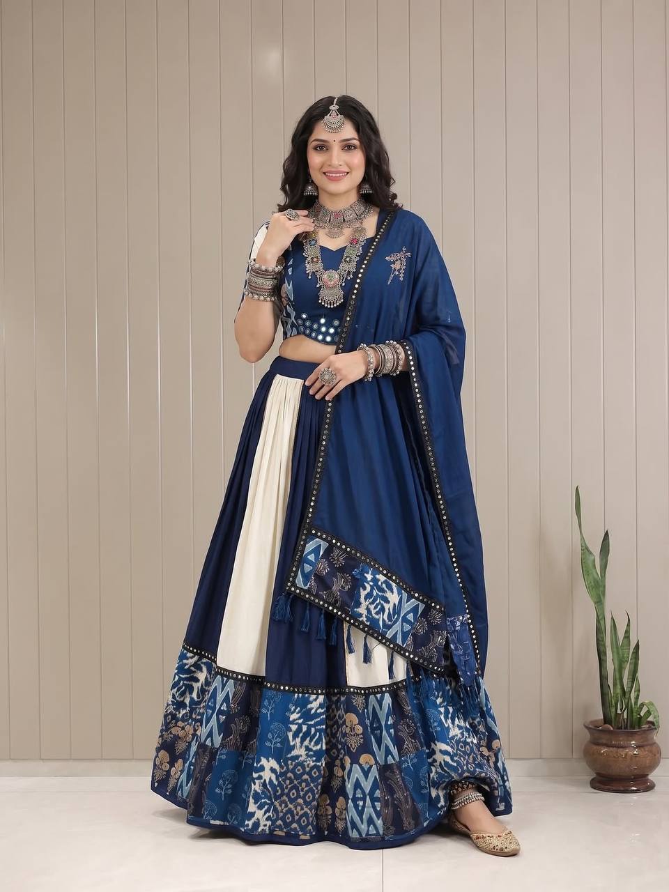 Royal Blue Printed Maslin Mirror Work Navratri Lehenga Choli with Dupatta
