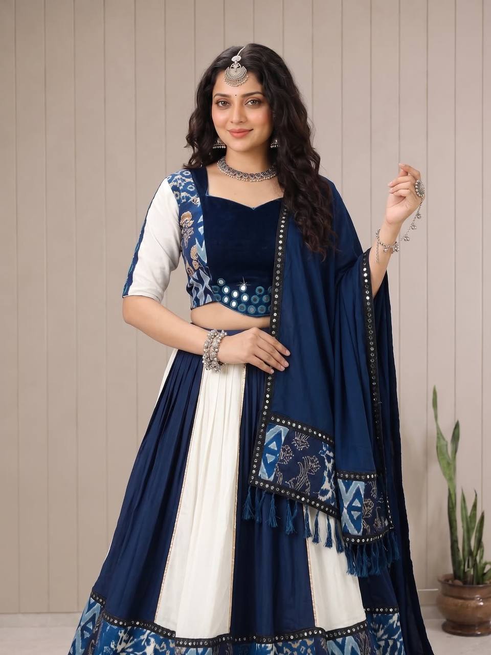 Royal Blue Printed Maslin Mirror Work Navratri Lehenga Choli with Dupatta