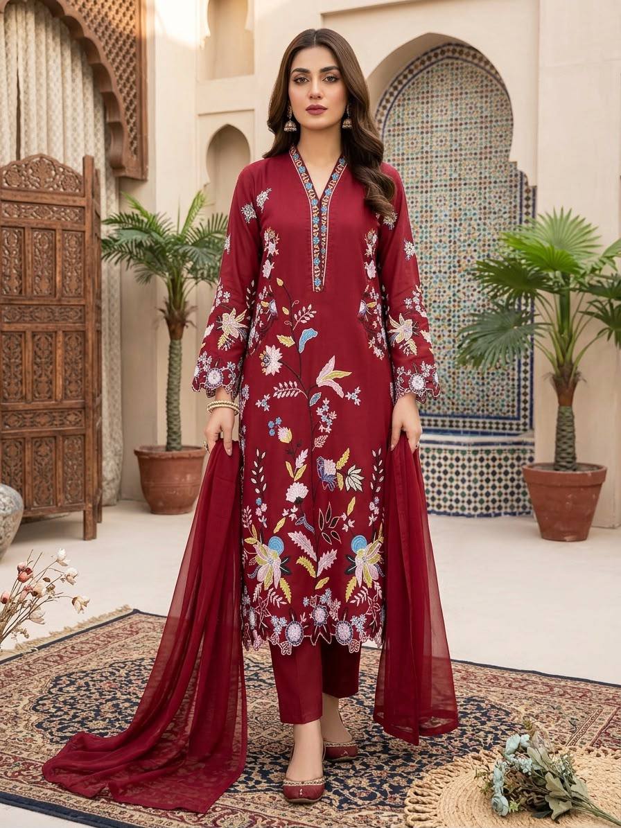 Maroon Embroidered Glass Roman Pakistani Kurti Pant Set with Georgette Dupatta | Festive Ethnic Wear