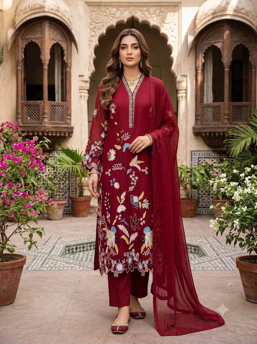 Maroon Embroidered Glass Roman Pakistani Kurti Pant Set with Georgette Dupatta | Festive Ethnic Wear