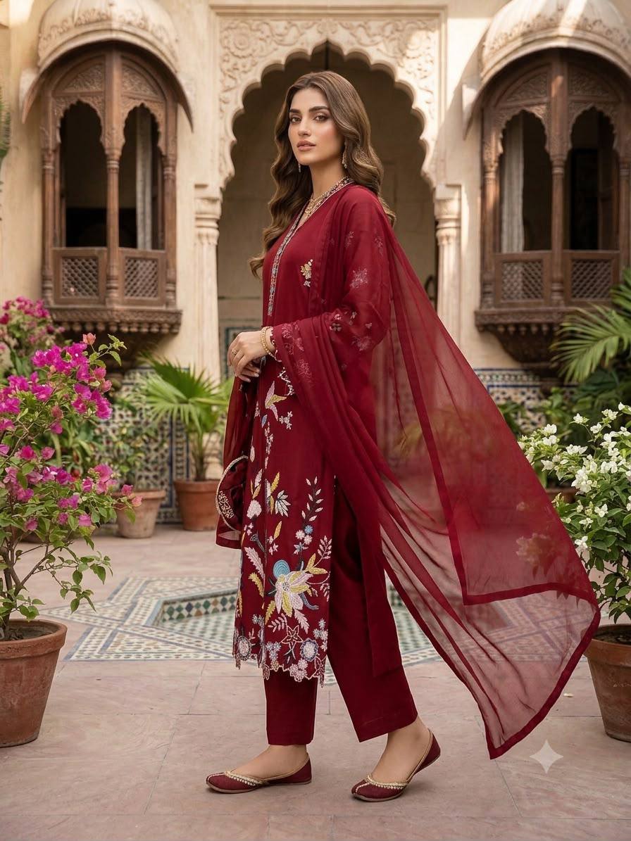 Maroon Embroidered Glass Roman Pakistani Kurti Pant Set with Georgette Dupatta | Festive Ethnic Wear
