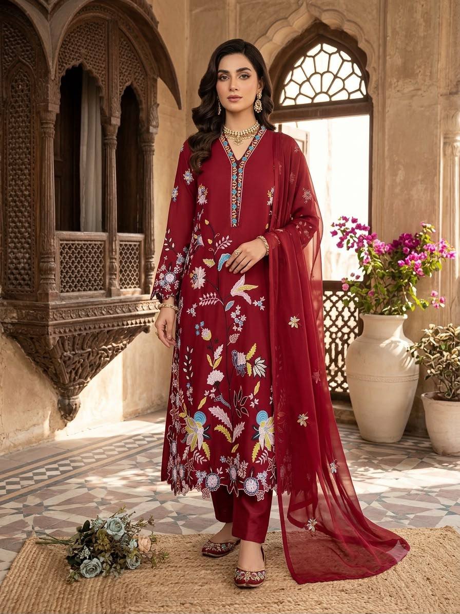 Maroon Embroidered Glass Roman Pakistani Kurti Pant Set with Georgette Dupatta | Festive Ethnic Wear