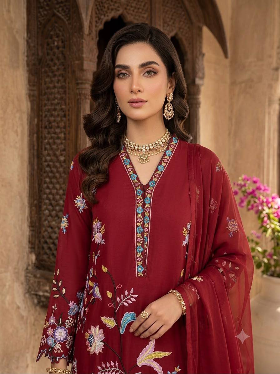 Maroon Embroidered Glass Roman Pakistani Kurti Pant Set with Georgette Dupatta | Festive Ethnic Wear