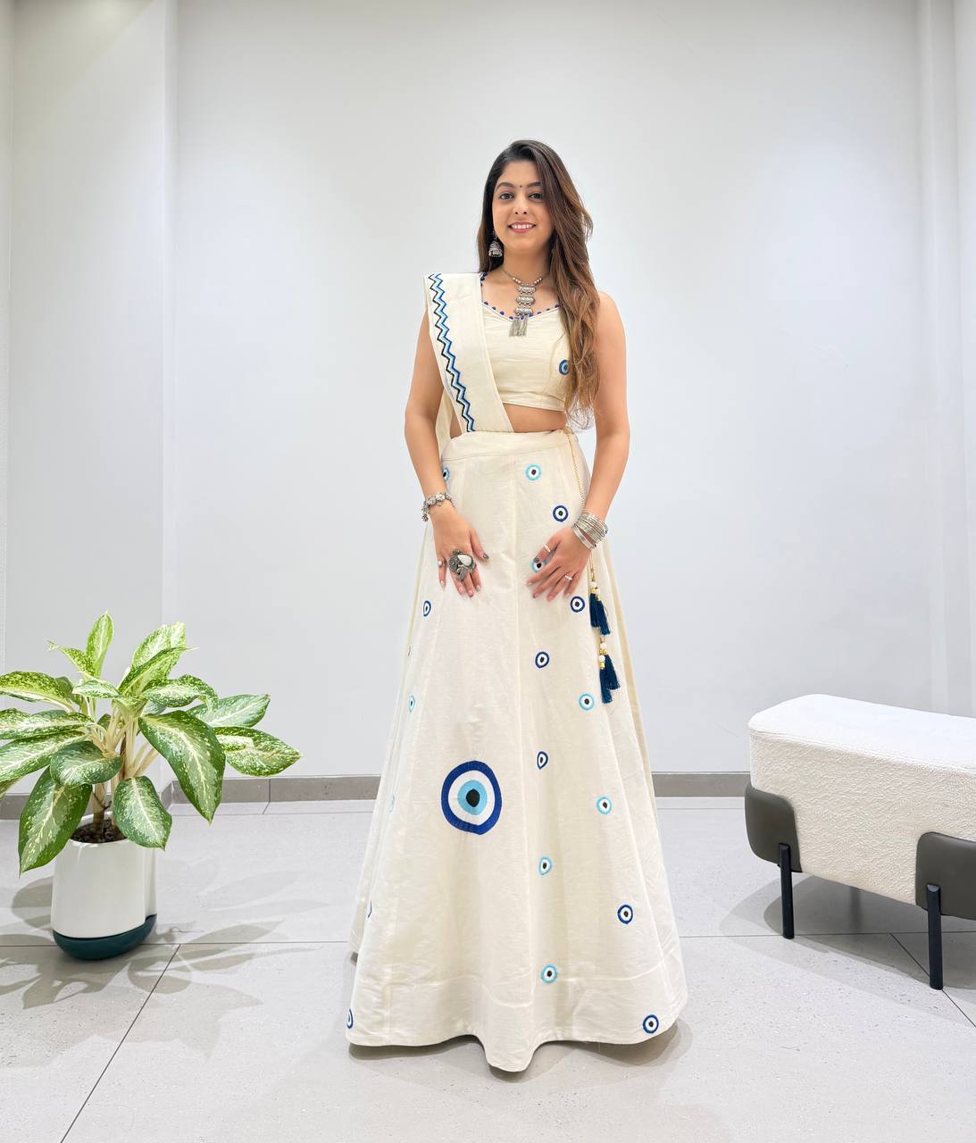 Ivory & Blue Kora Cotton Embroidered Navratri Lehenga Choli with Dupatta