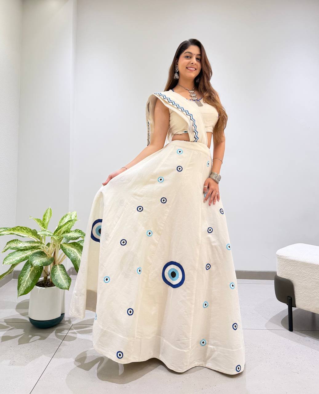 Ivory & Blue Kora Cotton Embroidered Navratri Lehenga Choli with Dupatta