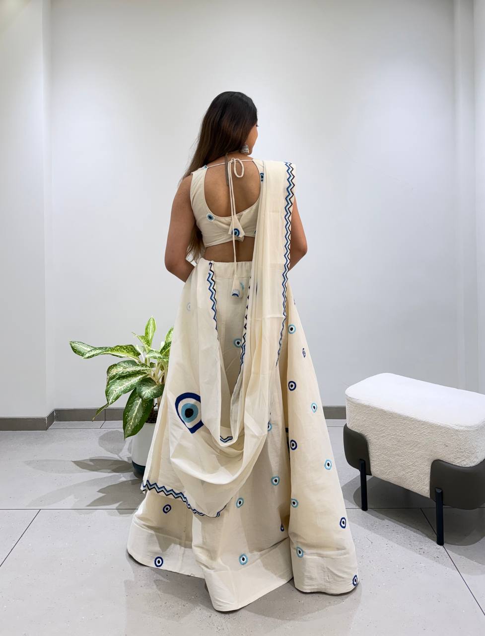 Ivory & Blue Kora Cotton Embroidered Navratri Lehenga Choli with Dupatta