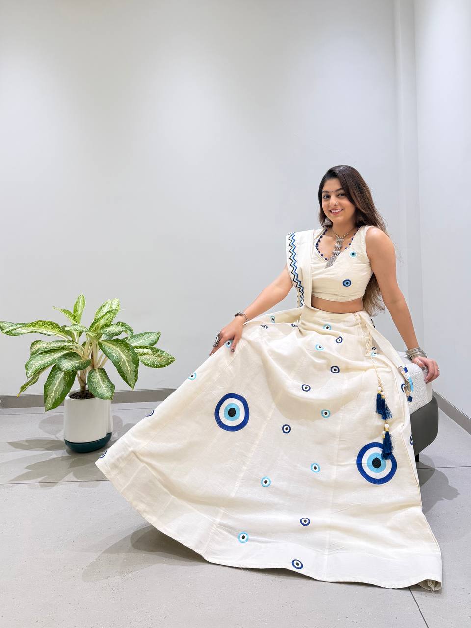 Ivory & Blue Kora Cotton Embroidered Navratri Lehenga Choli with Dupatta