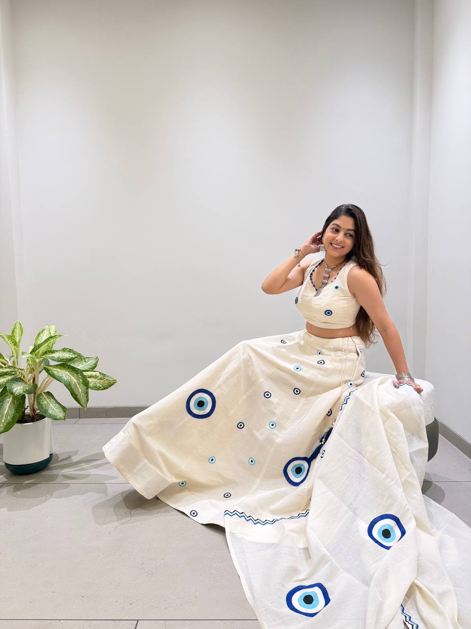 Ivory & Blue Kora Cotton Embroidered Navratri Lehenga Choli with Dupatta