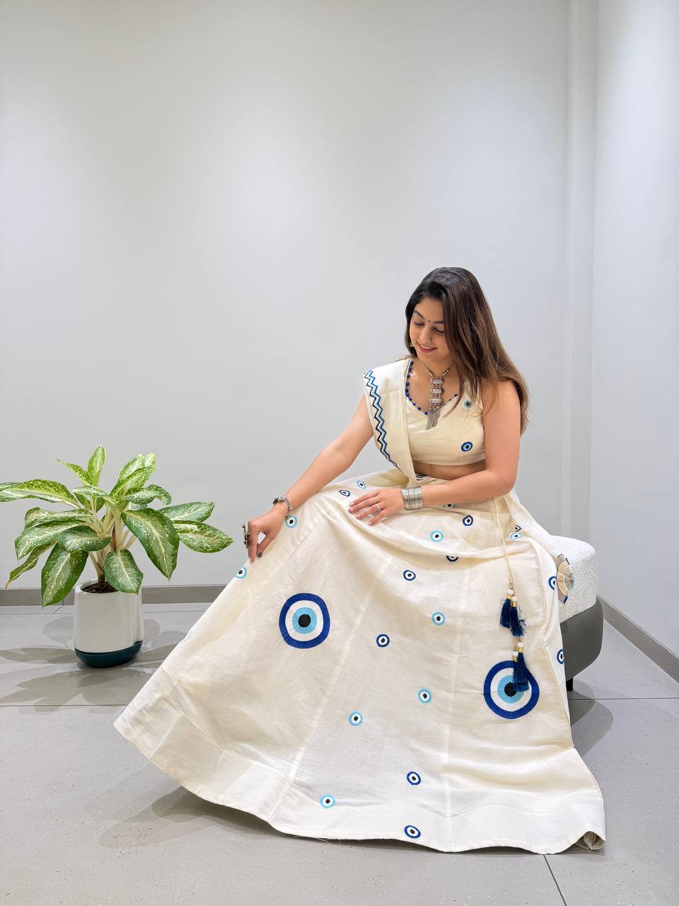Ivory & Blue Kora Cotton Embroidered Navratri Lehenga Choli with Dupatta