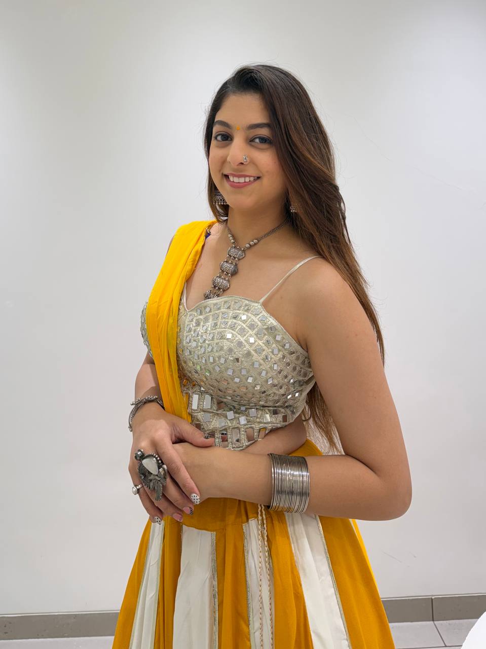 Yellow & White Rayon Mirror Work Navratri Lehenga Choli with Dupatta