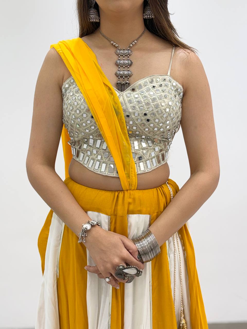 Yellow & White Rayon Mirror Work Navratri Lehenga Choli with Dupatta