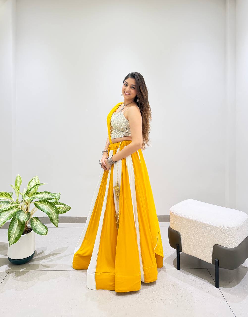 Yellow & White Rayon Mirror Work Navratri Lehenga Choli with Dupatta