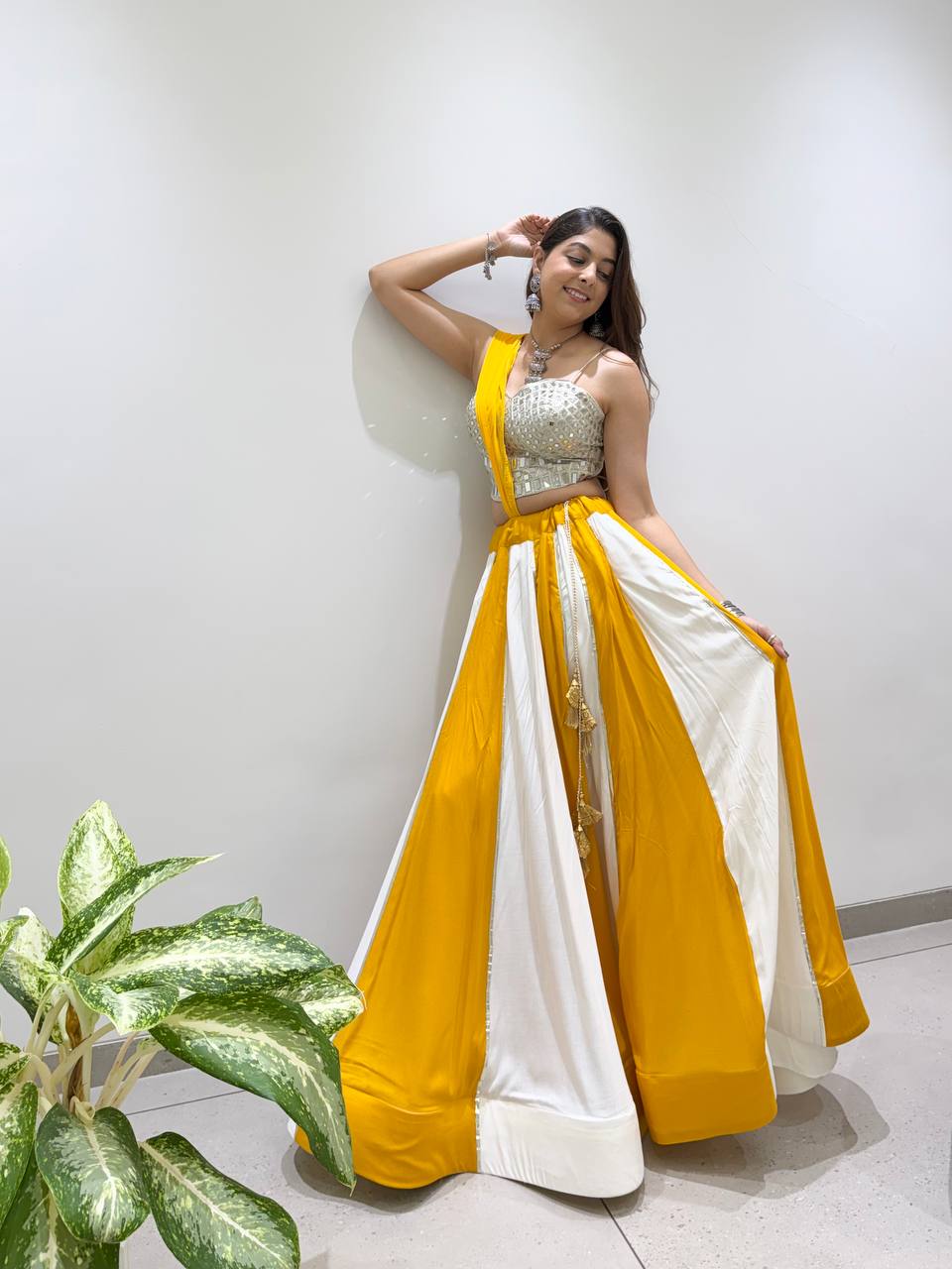 Yellow & White Rayon Mirror Work Navratri Lehenga Choli with Dupatta