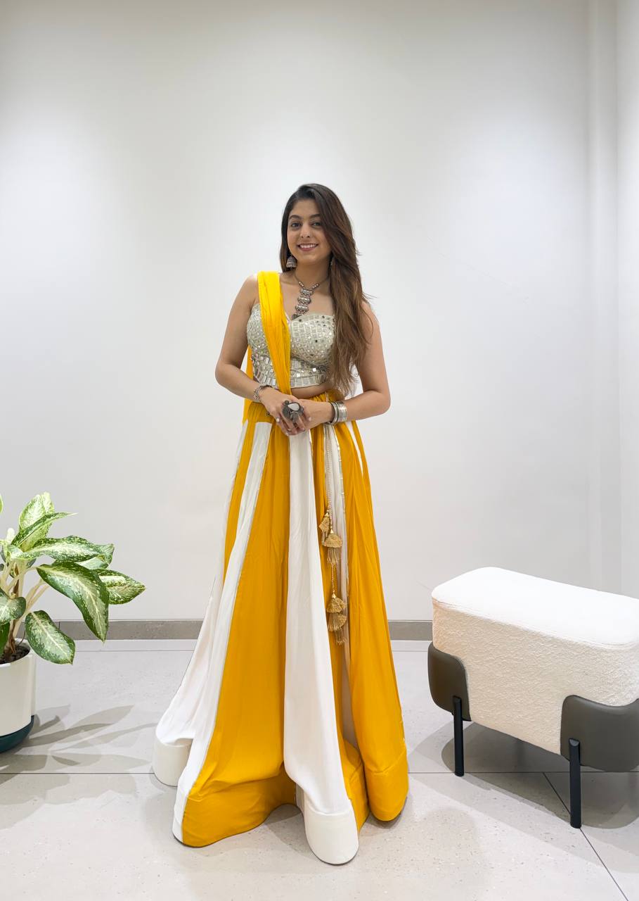 Yellow & White Rayon Mirror Work Navratri Lehenga Choli with Dupatta