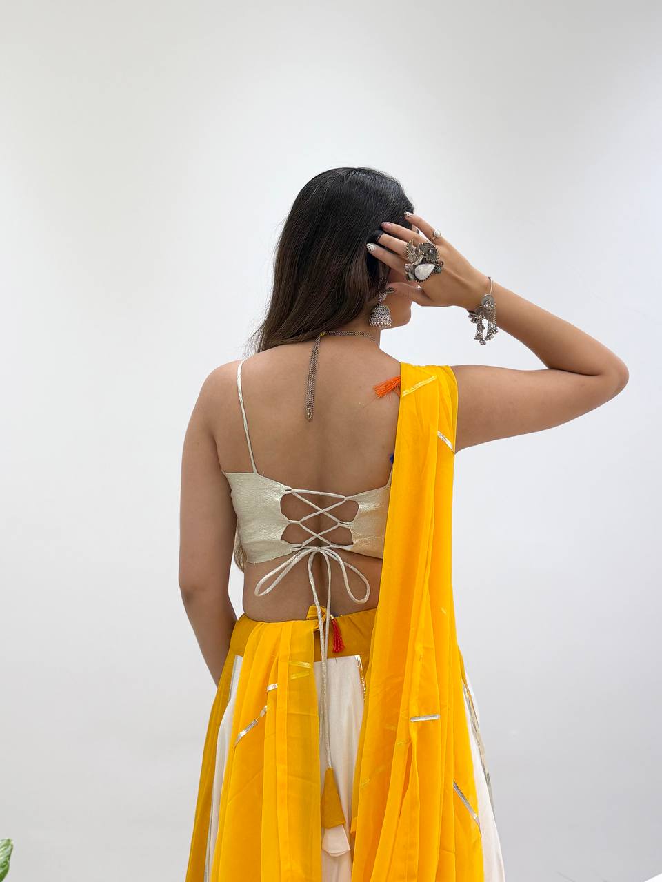 Yellow & White Rayon Mirror Work Navratri Lehenga Choli with Dupatta