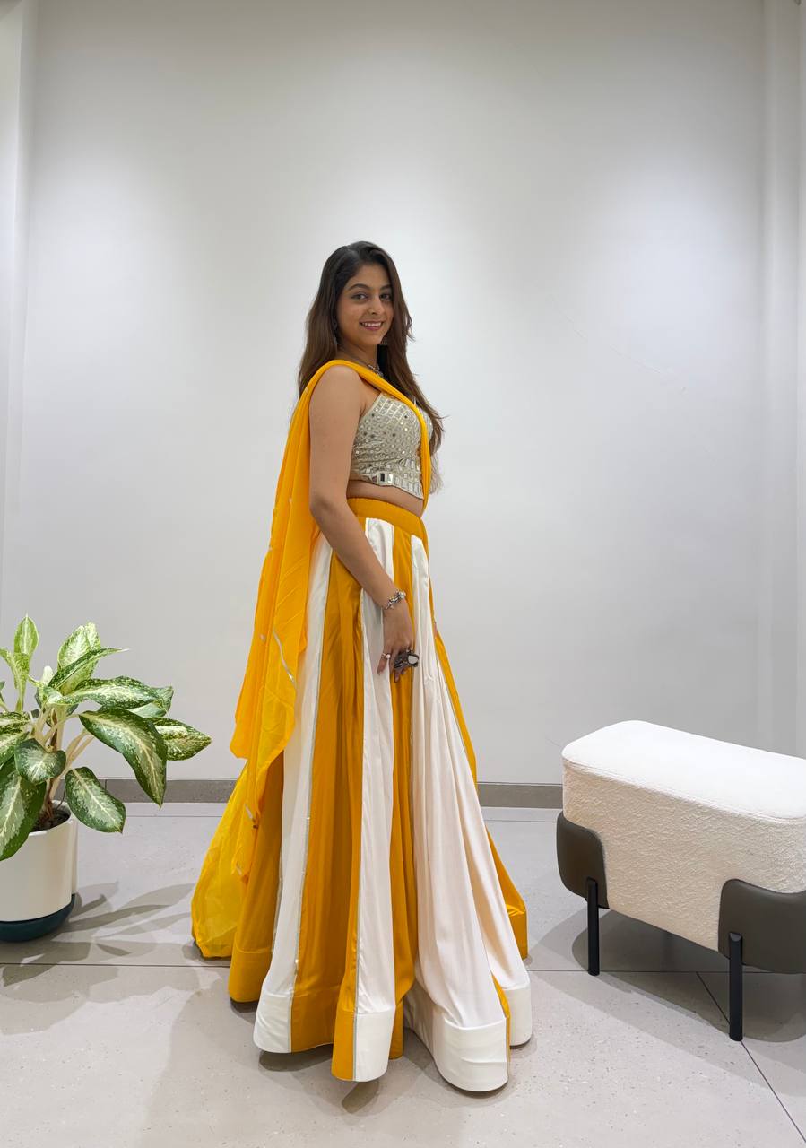 Yellow & White Rayon Mirror Work Navratri Lehenga Choli with Dupatta