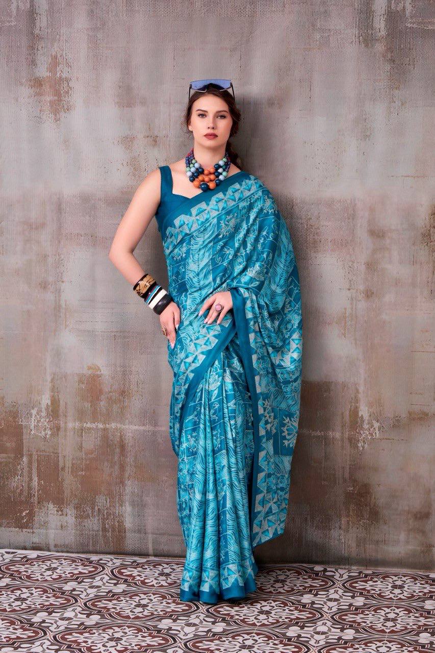 Royal Blue Model Silk Saree With Elegant Digital Print With Printed Blouse Piece