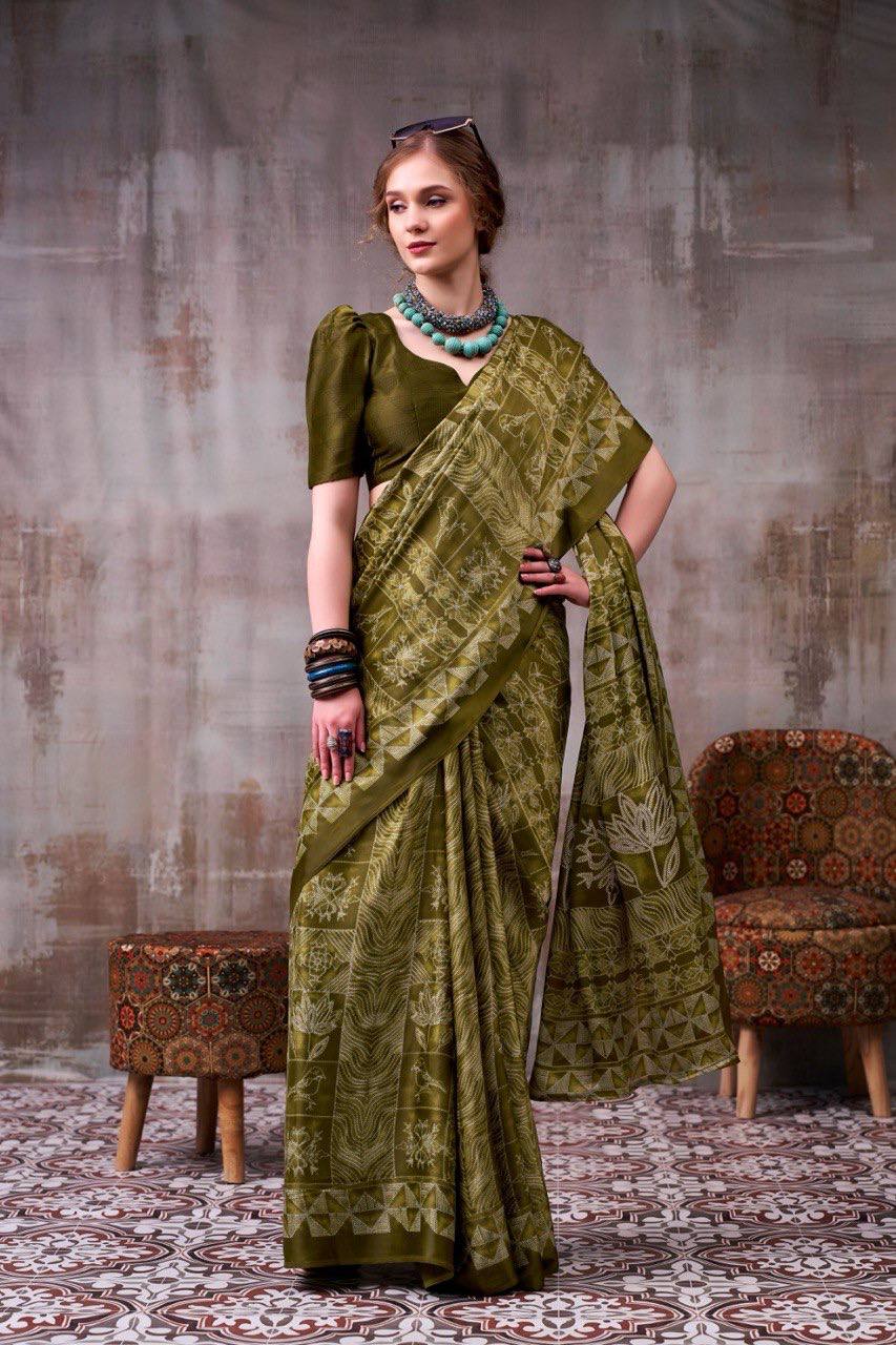Olive Green Model Silk Saree With Elegant Digital Print & Traditional Motifs With Printed Blouse Piece