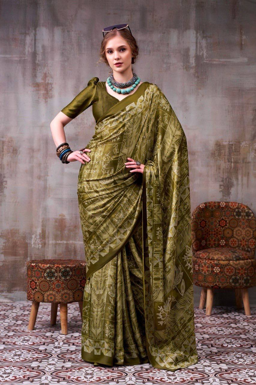 Olive Green Model Silk Saree With Elegant Digital Print & Traditional Motifs With Printed Blouse Piece