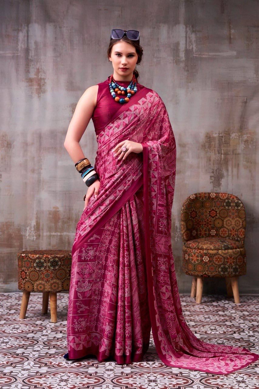 Magenta Pink Model Silk Saree With Elegant Digital Print & Traditional Motifs With Printed Blouse Piece