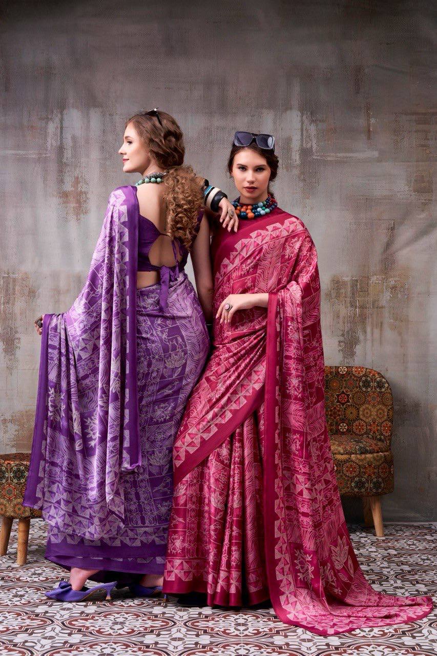 Magenta Pink Model Silk Saree With Elegant Digital Print & Traditional Motifs With Printed Blouse Piece