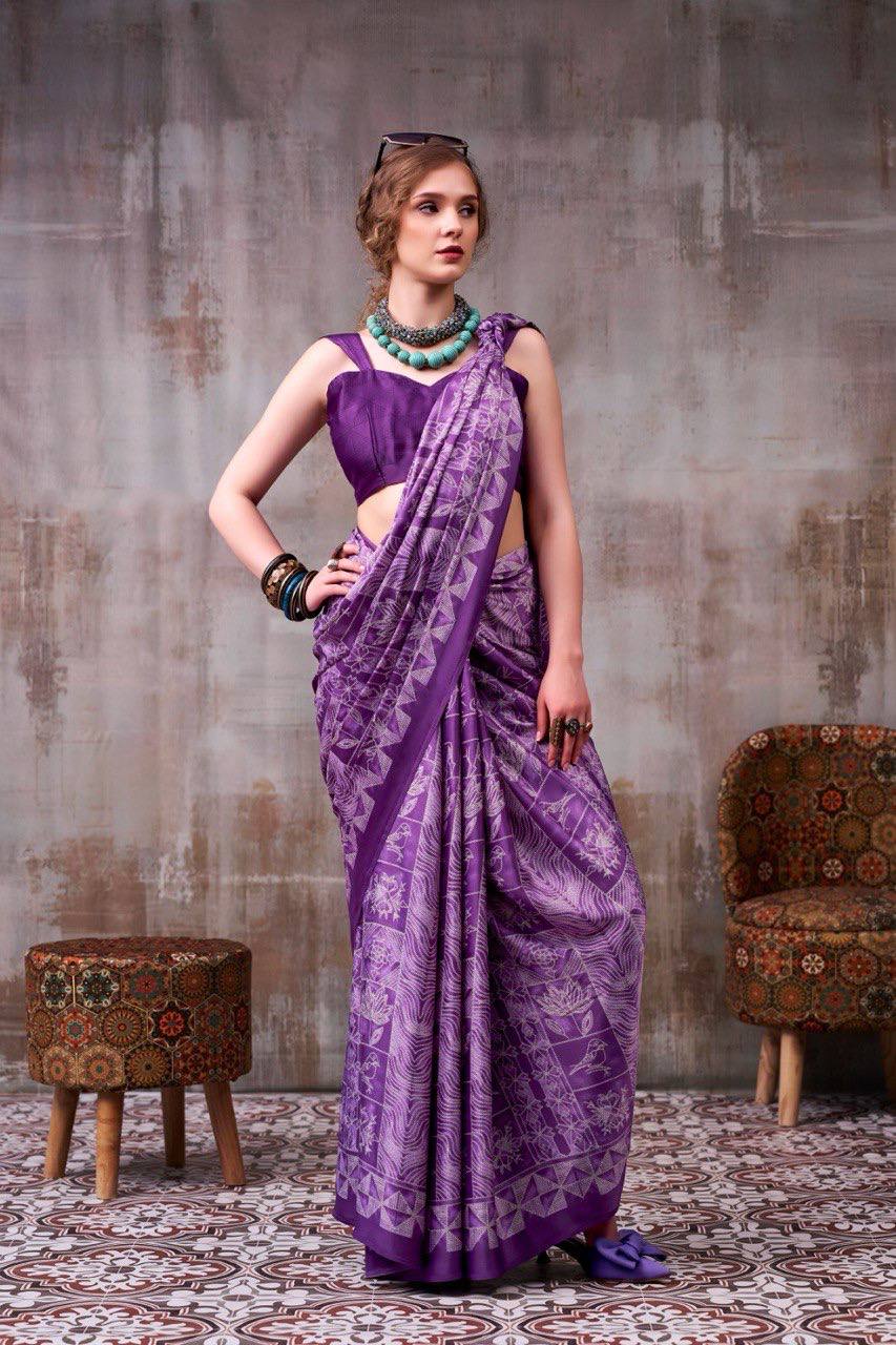 Royal Purple Model Silk Saree With Elegant Digital Print & Traditional Motifs With Printed Blouse Piece