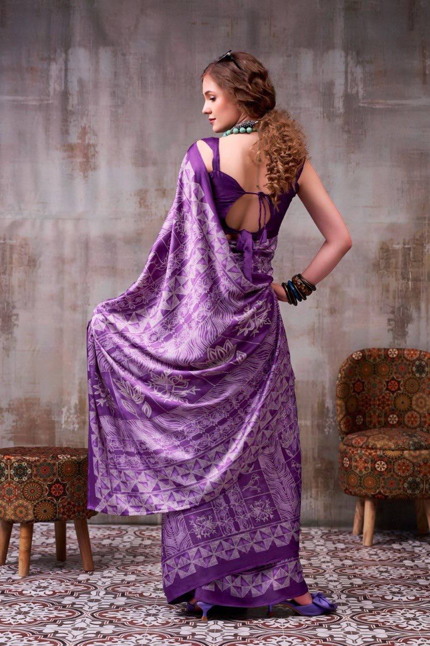 Royal Purple Model Silk Saree With Elegant Digital Print & Traditional Motifs With Printed Blouse Piece