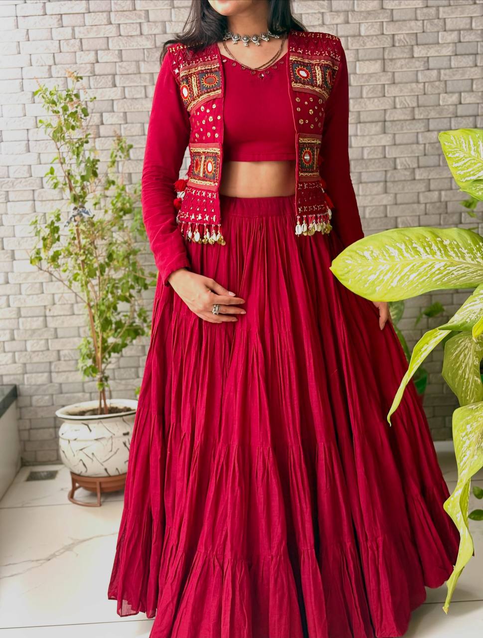 Wine Red Cora Cotton Mirror Work Lehenga Choli with Embroidered Shrug