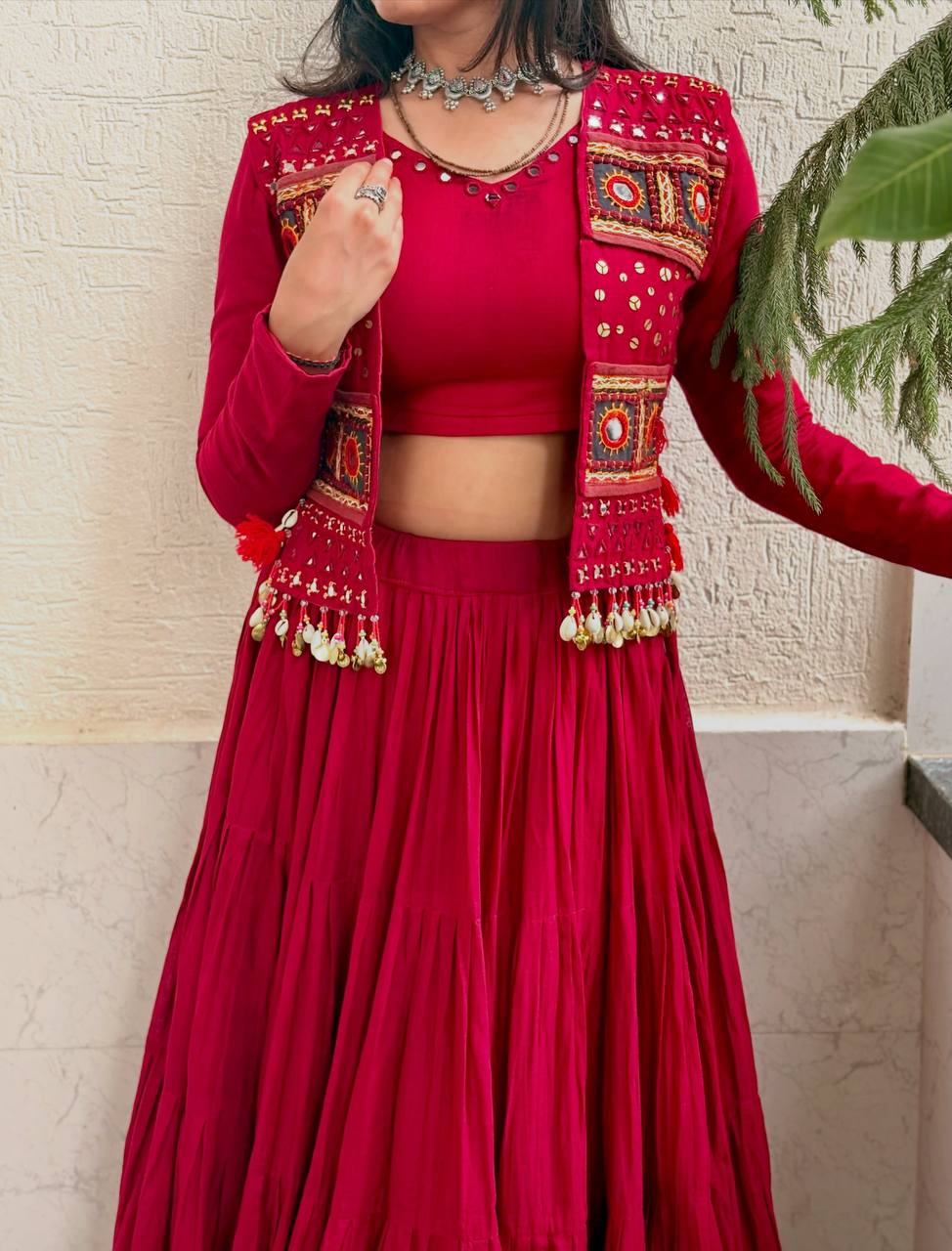 Wine Red Cora Cotton Mirror Work Lehenga Choli with Embroidered Shrug