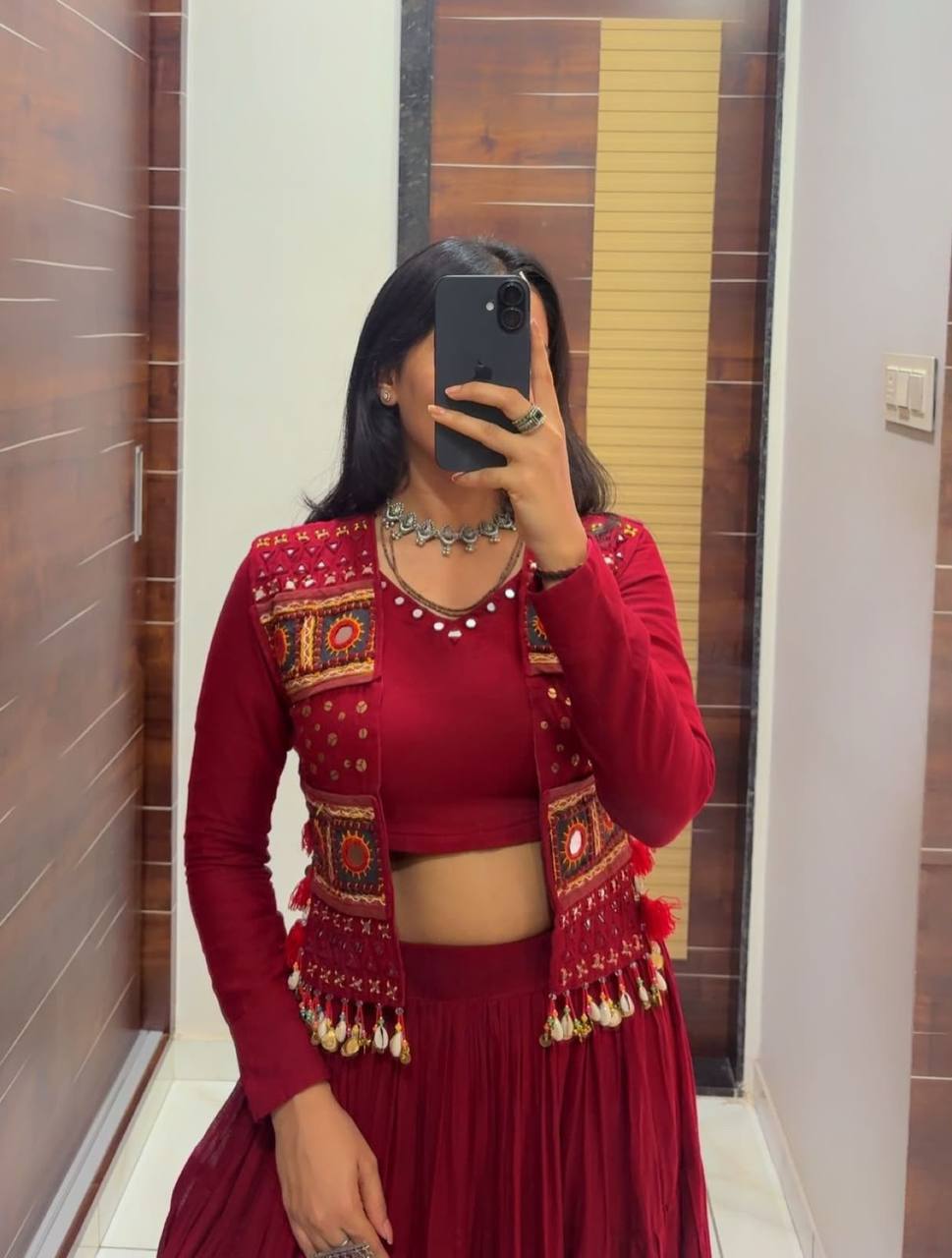 Wine Red Cora Cotton Mirror Work Lehenga Choli with Embroidered Shrug