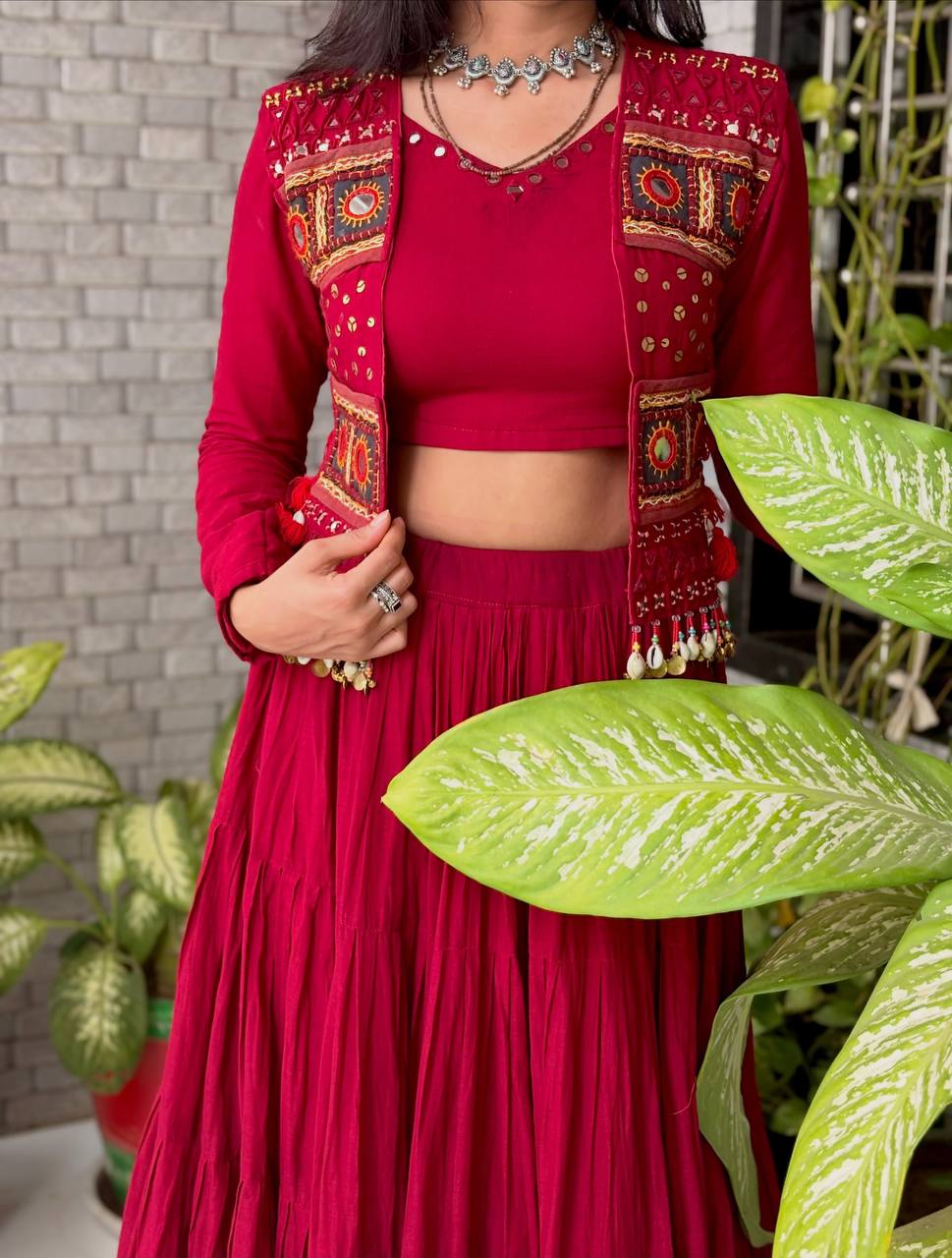 Wine Red Cora Cotton Mirror Work Lehenga Choli with Embroidered Shrug
