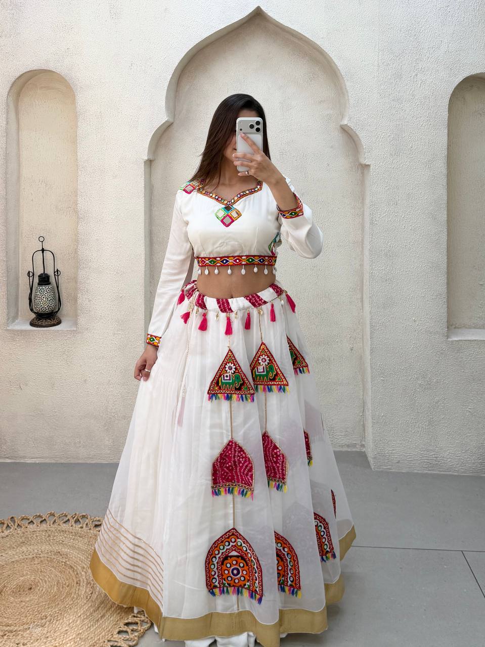 Navratri White Reyon Mirror Work Lehenga Choli