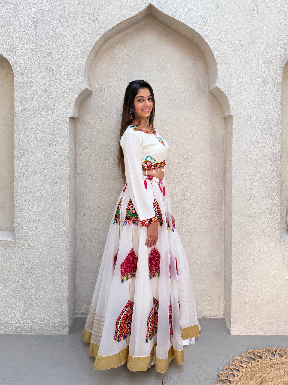Navratri White Reyon Mirror Work Lehenga Choli