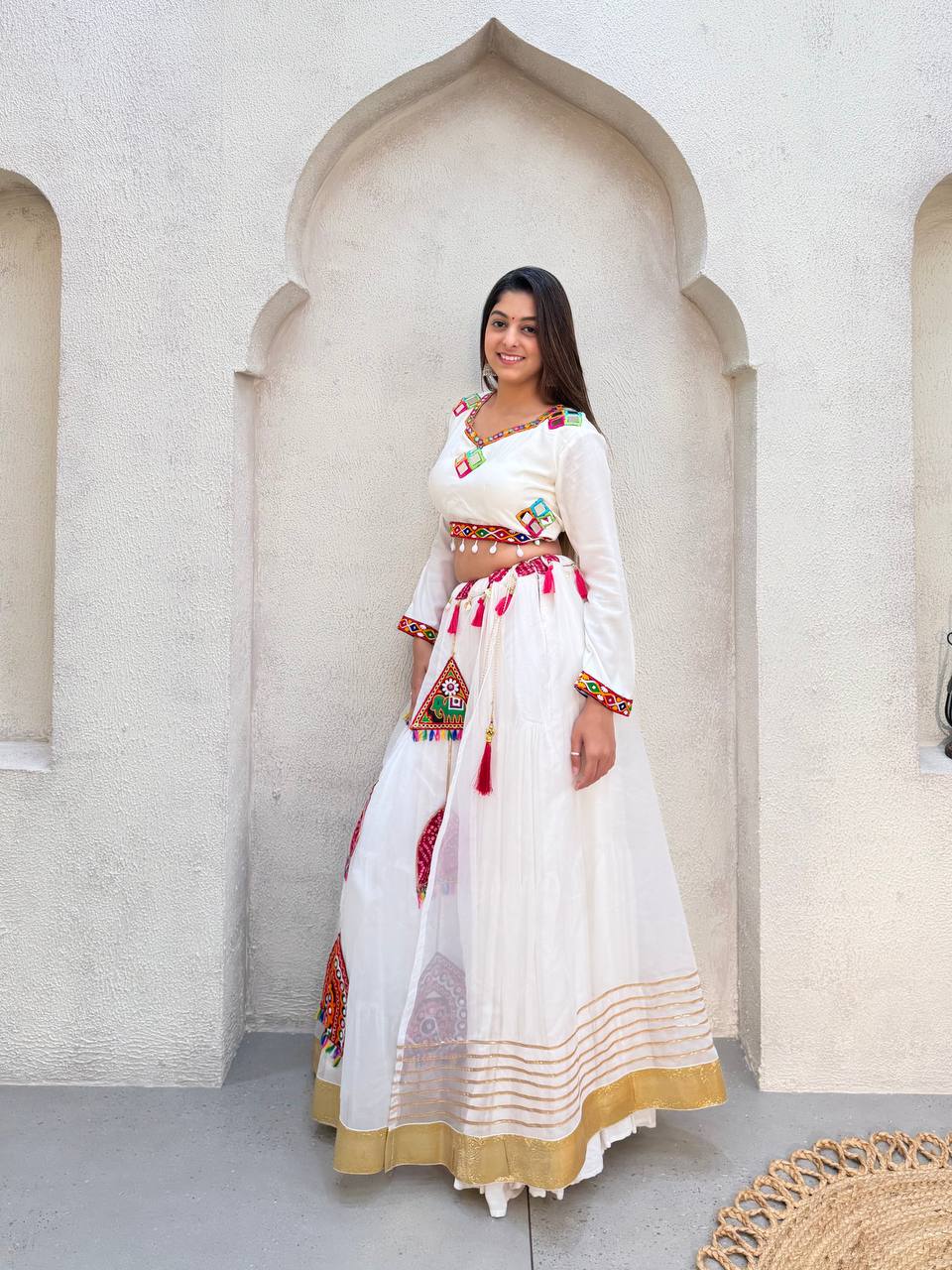 Navratri White Reyon Mirror Work Lehenga Choli