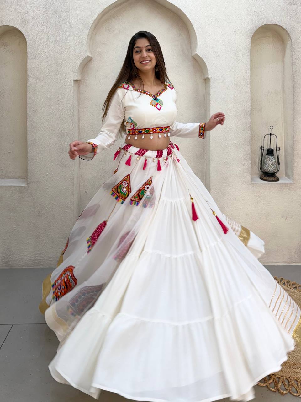 Navratri White Reyon Mirror Work Lehenga Choli