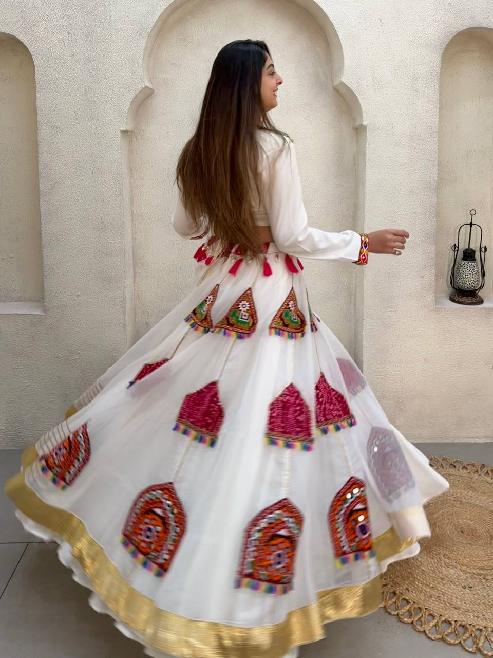 Navratri White Reyon Mirror Work Lehenga Choli