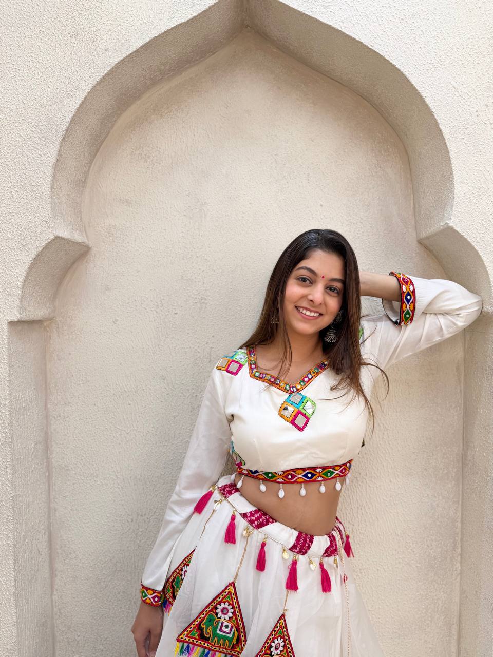 Navratri White Reyon Mirror Work Lehenga Choli