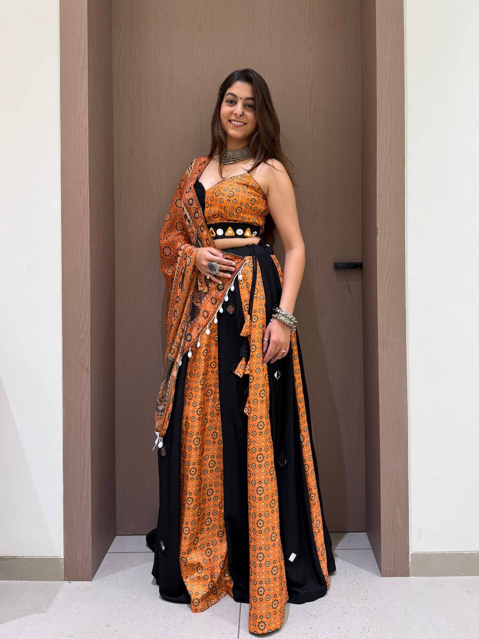 Orange & Black Printed Rayon Mirror Work Navratri Lehenga Choli with Dupatta