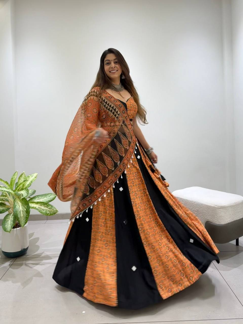 Orange & Black Printed Rayon Mirror Work Navratri Lehenga Choli with Dupatta