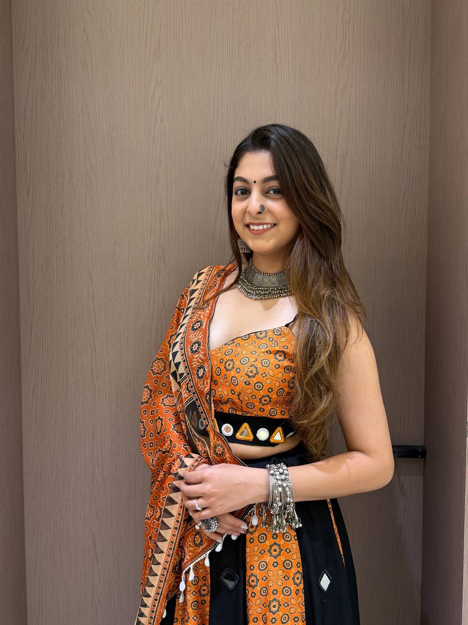 Orange & Black Printed Rayon Mirror Work Navratri Lehenga Choli with Dupatta