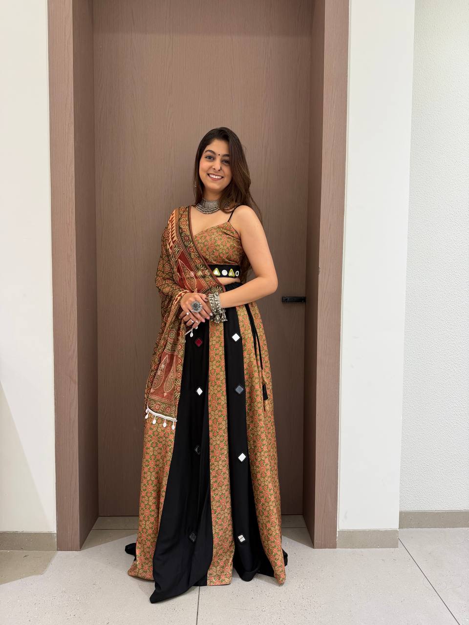 Black & Rust Printed Rayon Mirror Work Navratri Lehenga Choli with Dupatta