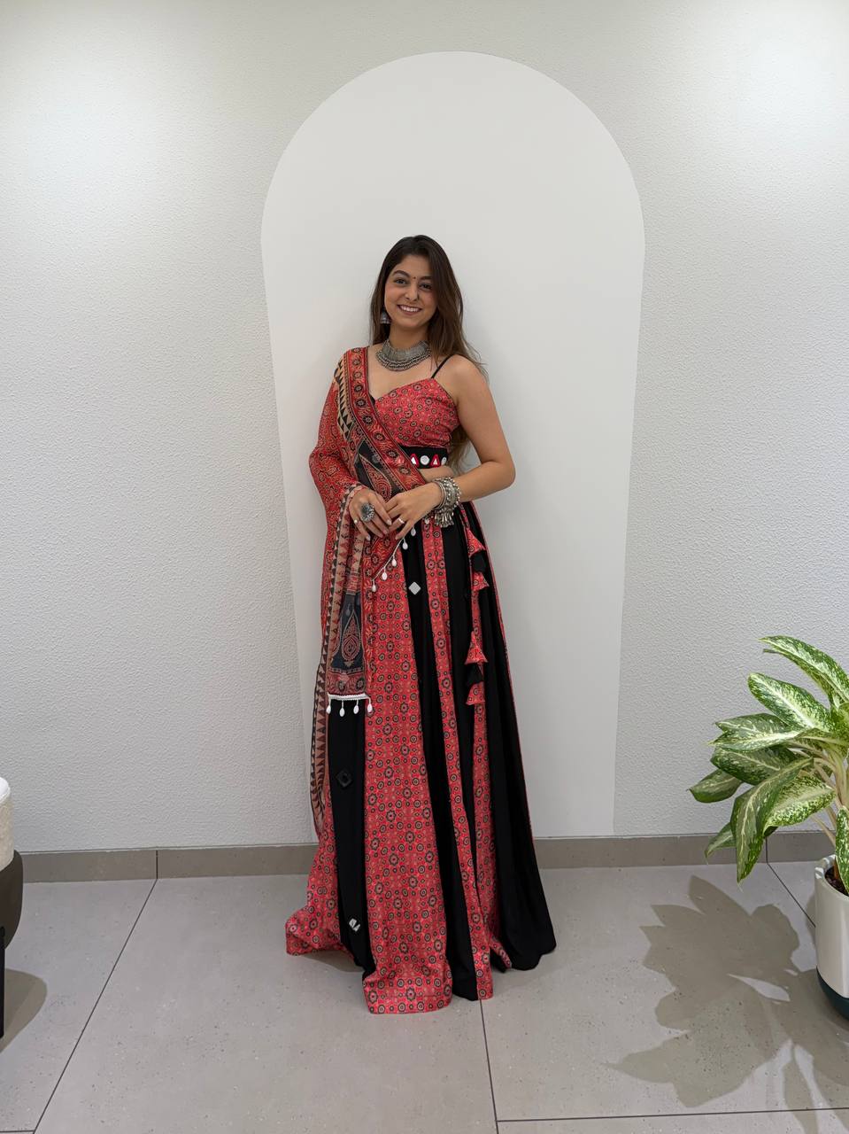 Red & Black Printed Rayon Mirror Work Navratri Lehenga Choli with Dupatta