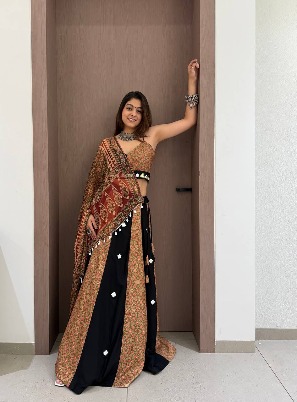 Black & Rust Printed Rayon Mirror Work Navratri Lehenga Choli with Dupatta