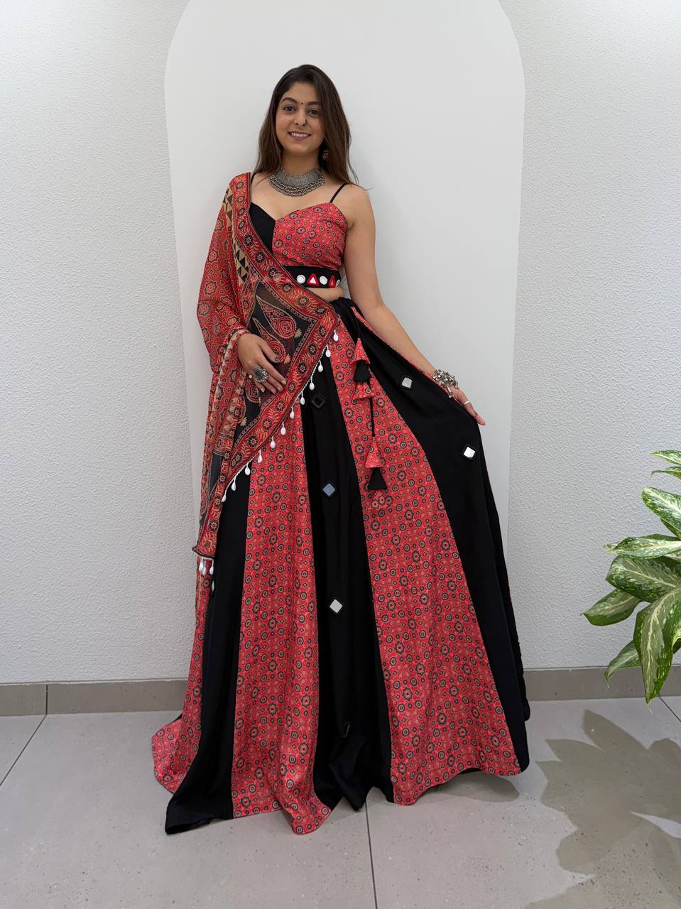 Red & Black Printed Rayon Mirror Work Navratri Lehenga Choli with Dupatta