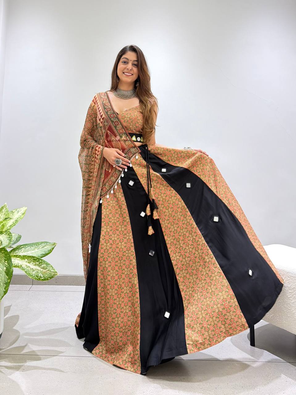 Black & Rust Printed Rayon Mirror Work Navratri Lehenga Choli with Dupatta
