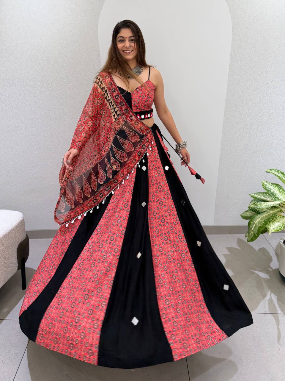 Red & Black Printed Rayon Mirror Work Navratri Lehenga Choli with Dupatta